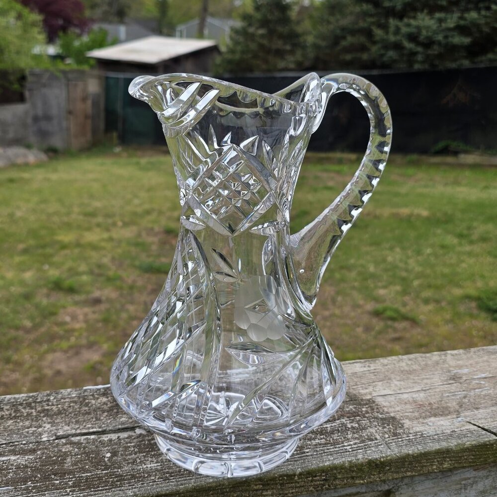 Etched Heavy Cut Crystal Pitcher Decanter Handle Floral Motif - Picture 5 of 14